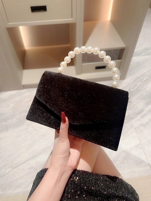 White Black Polyester Solid Color Beading Evening Bags