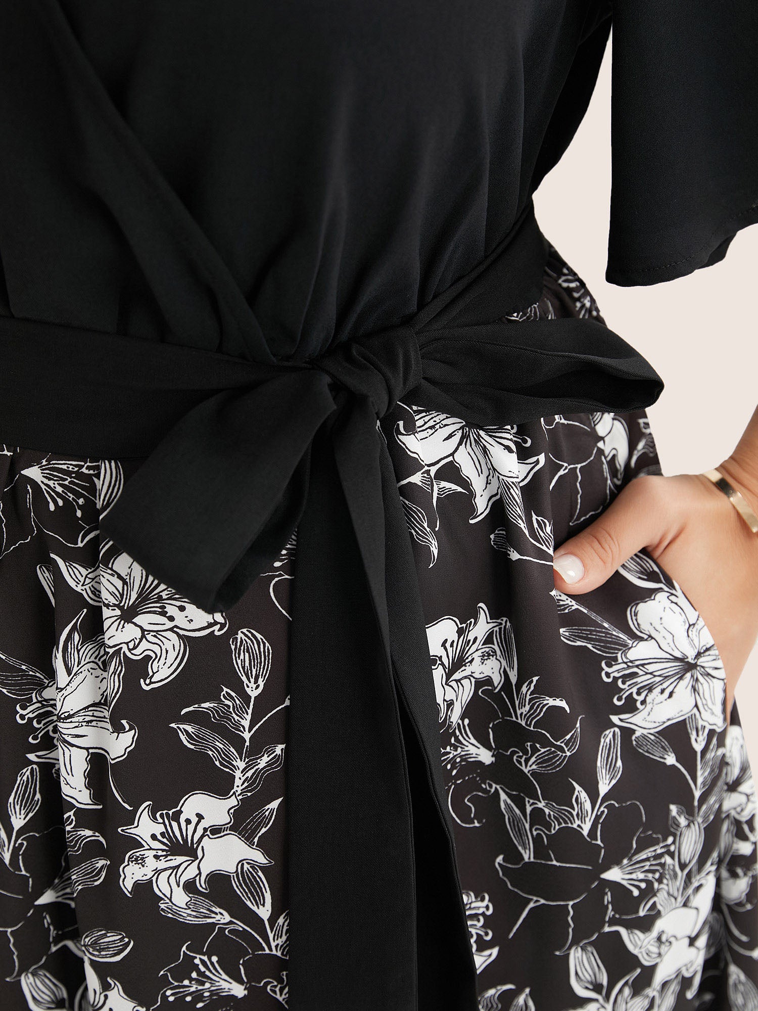 Floral Patchwork Pocket Belt Surplice Neck Ruffle Hem Dress