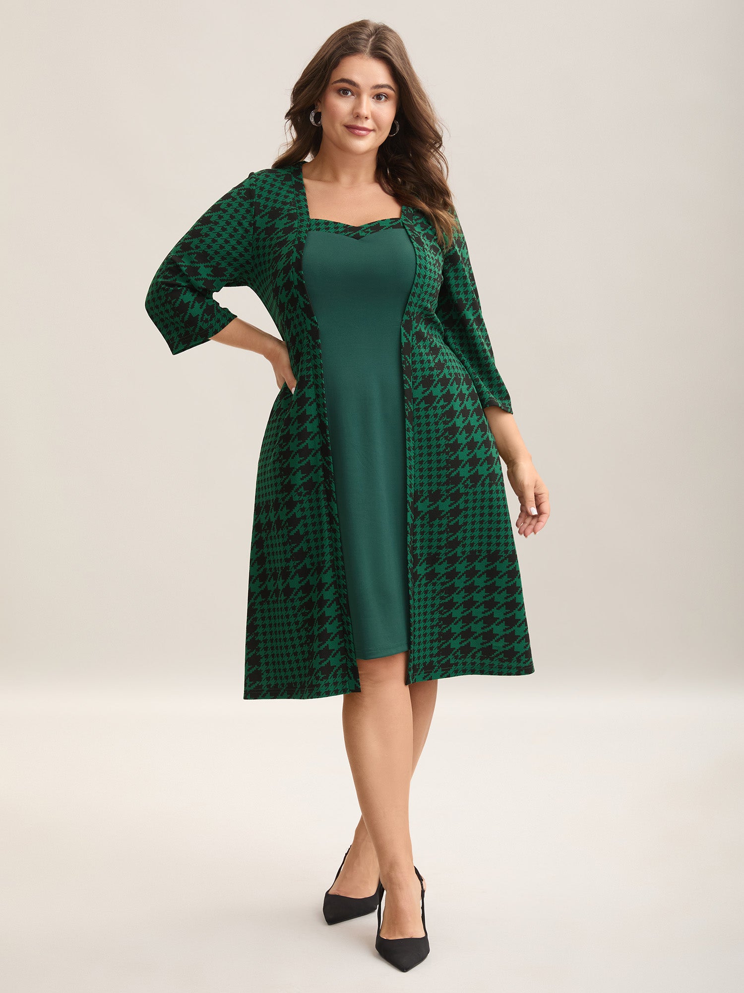 Houndstooth Print Waist-Cinched Patchwork Midi Dress