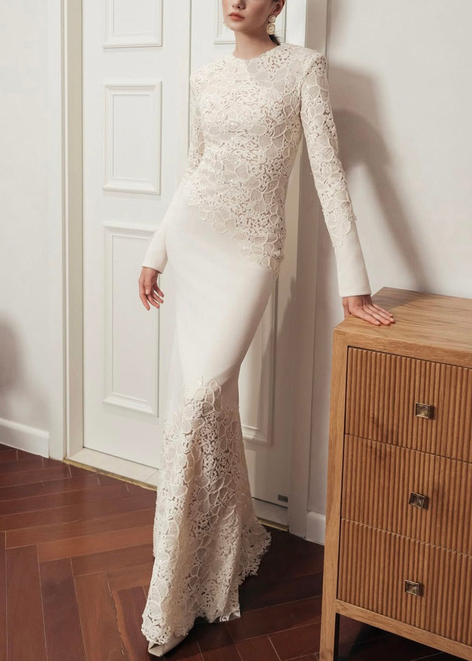 Handmade White Sequins Patchwork Cotton Party Dress Fall