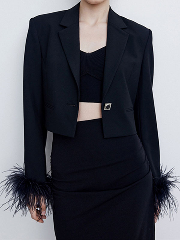 Long Sleeves Buttoned Solid Color Tasseled Notched Collar Blazer Outerwear
