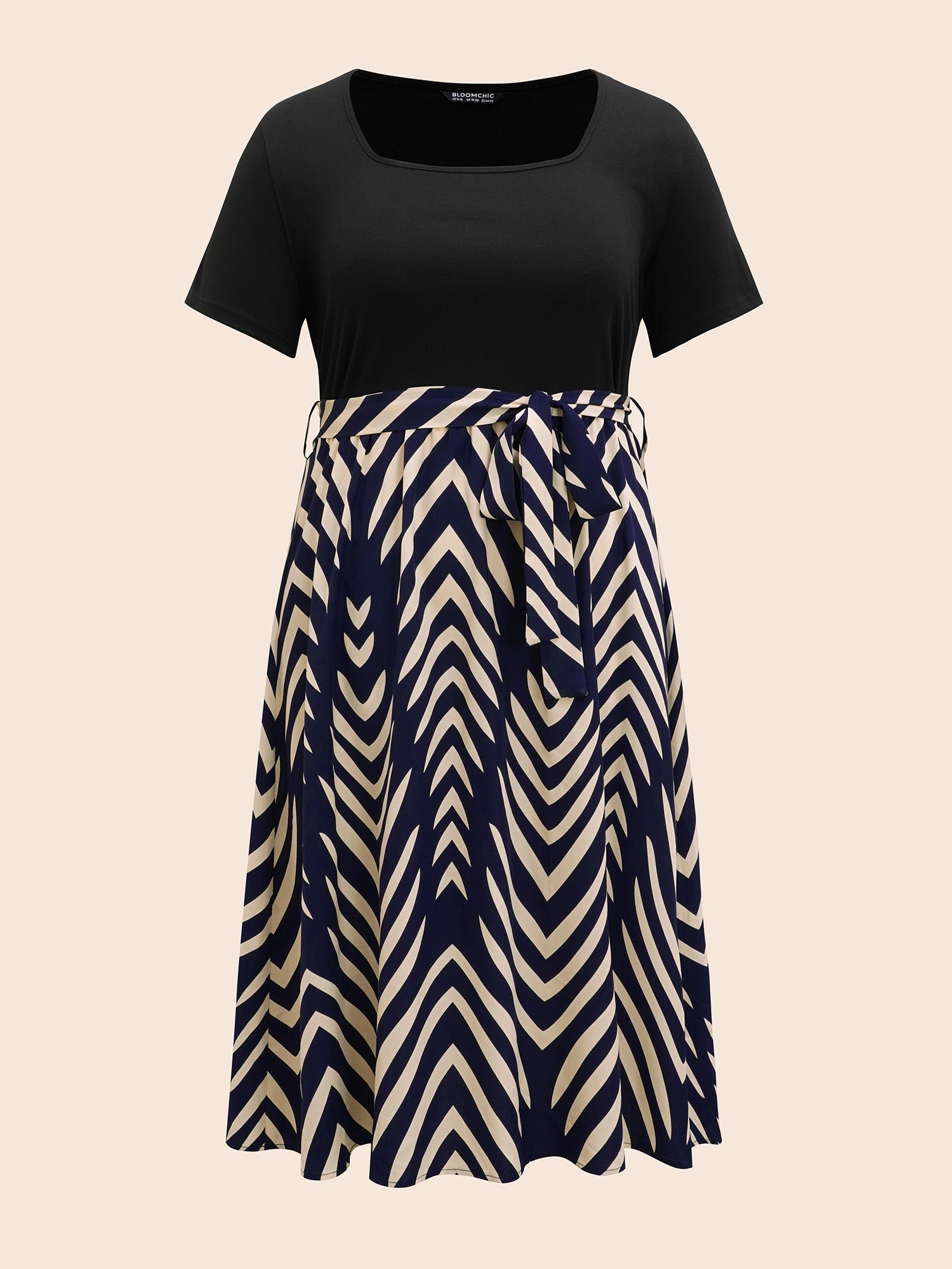 Square Neck Striped Patchwork Belted Dress