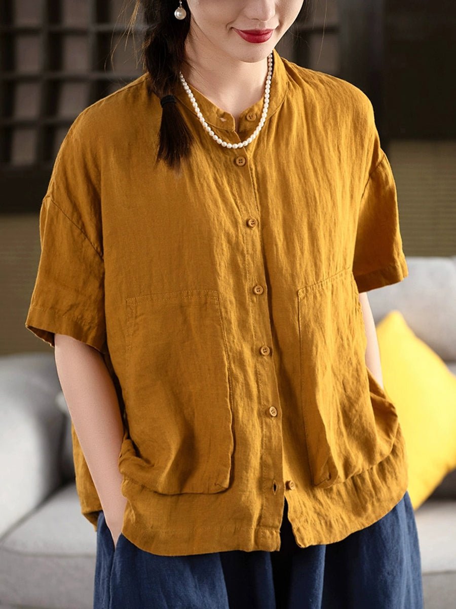 Women Summer Pure Color Stand Collar 100%Linen Shirt