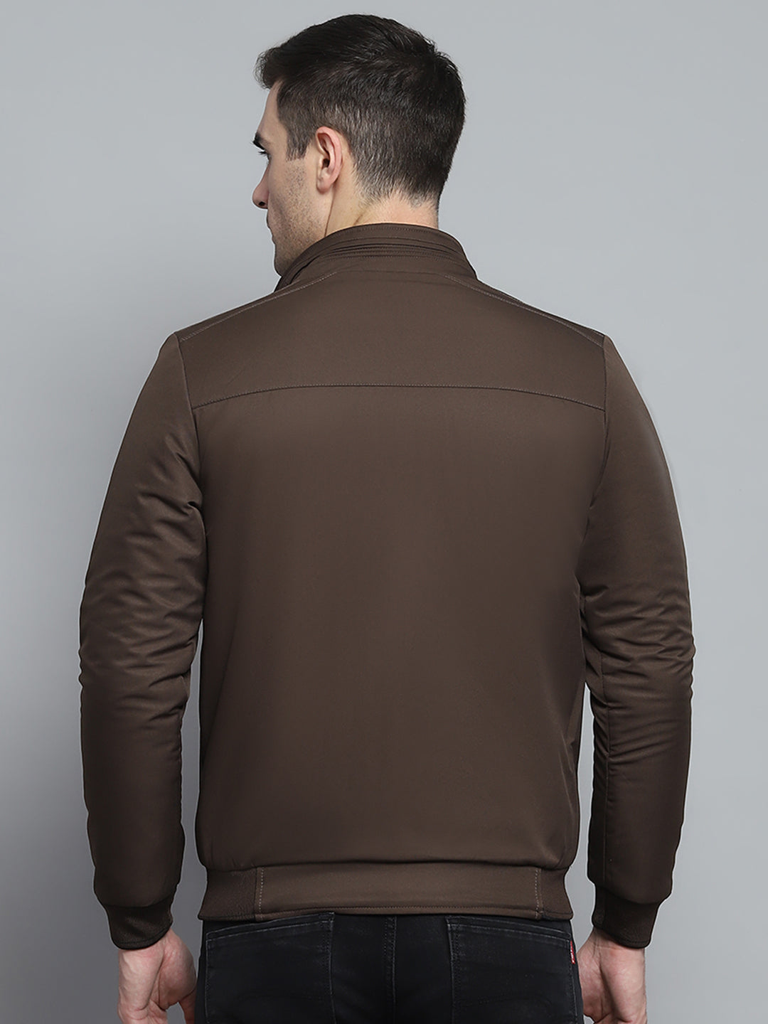 Men Black Solid Mock Neck Full Sleeve Jacket