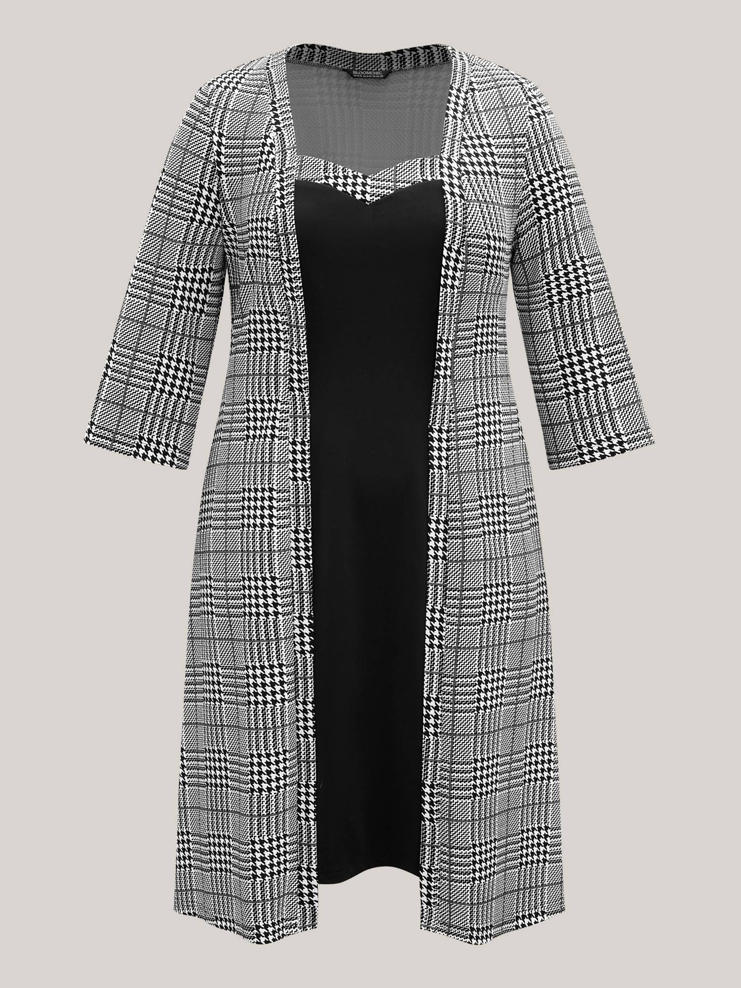 Houndstooth Print Waist-Cinched Patchwork Midi Dress