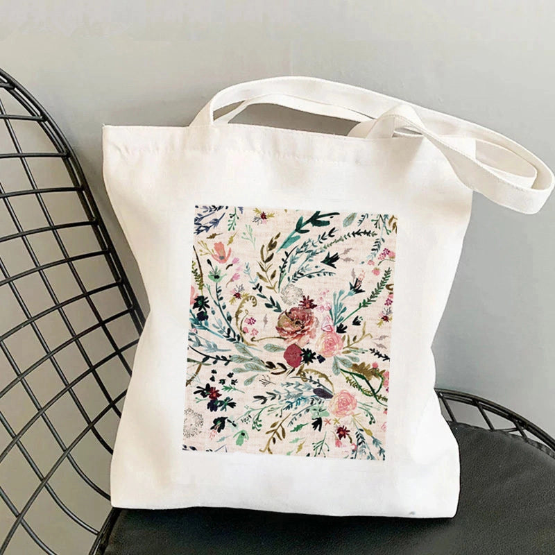 Women's Large Canvas Portrait Letter Flower Streetwear Square Open Shoulder Bag