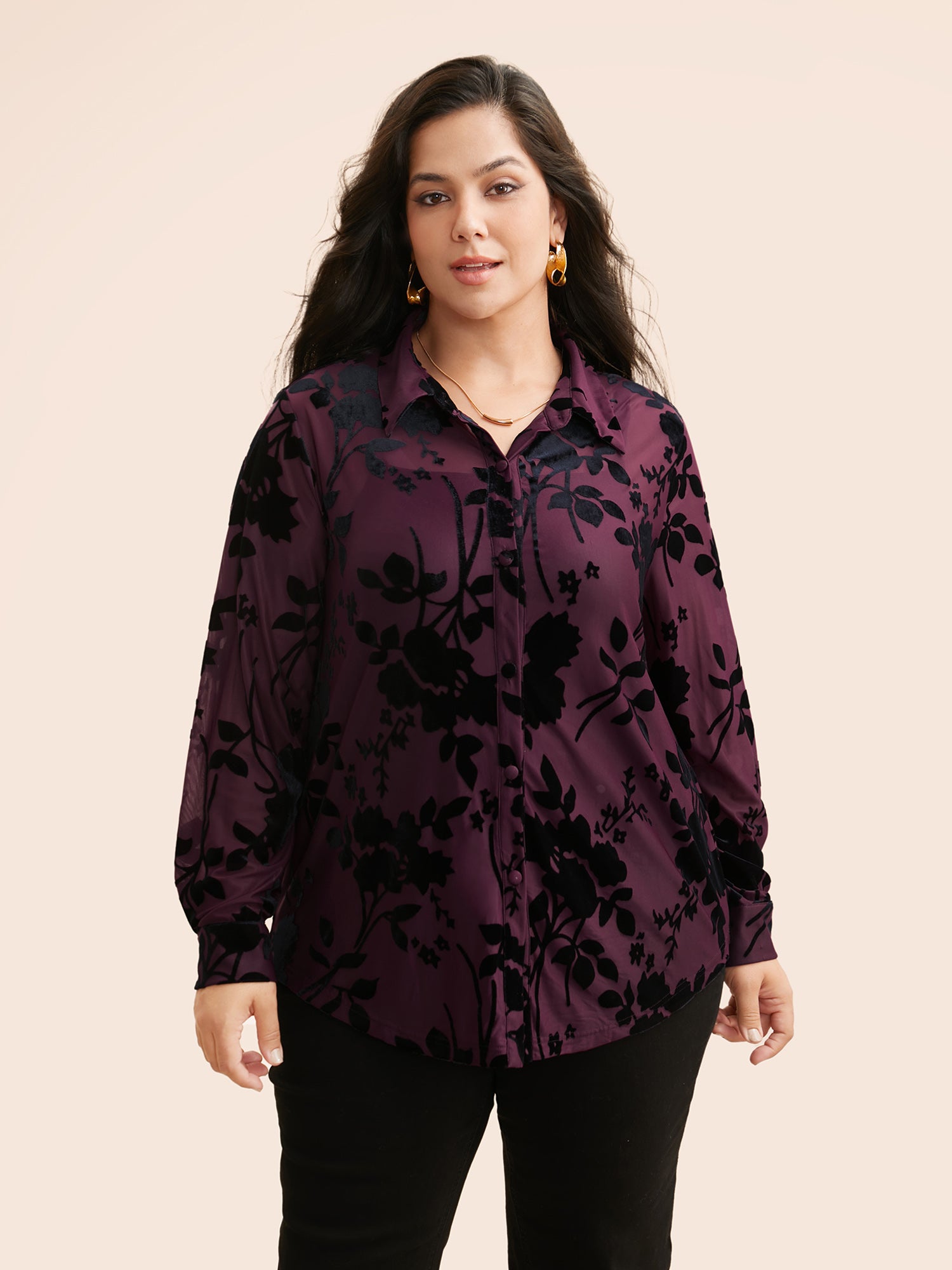 Silhouette Floral Print Flocking Gathered Shirt