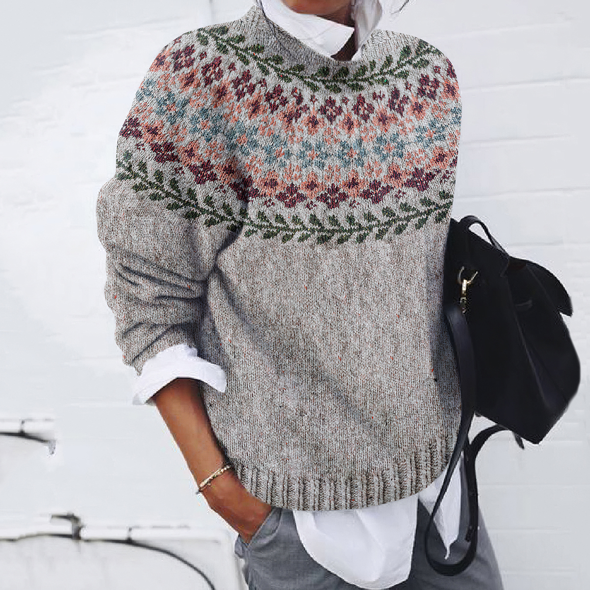 Retro Geometric Floral Knitted Print Cozy Sweater