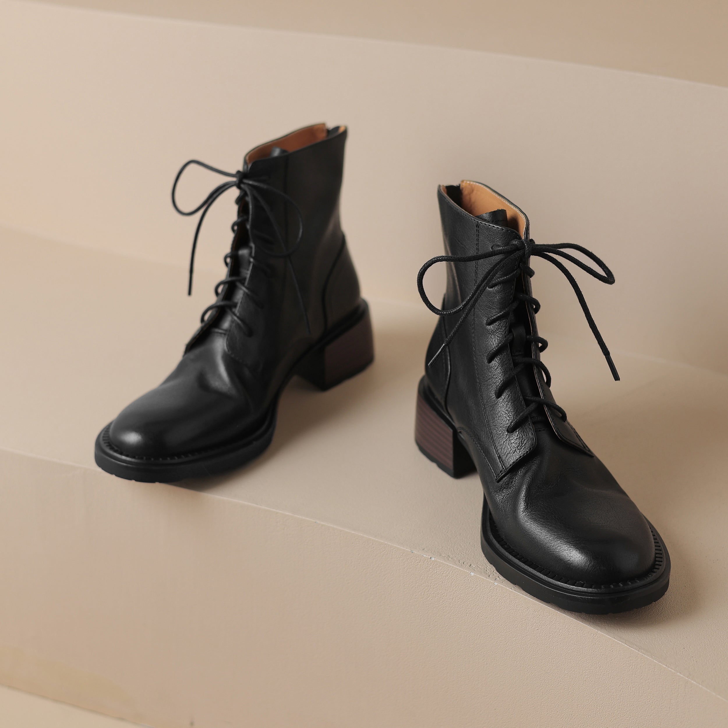 Women's Handmade Cowhide Lace-Up Zipper Martin Boots with Mid Heel Black/Brown