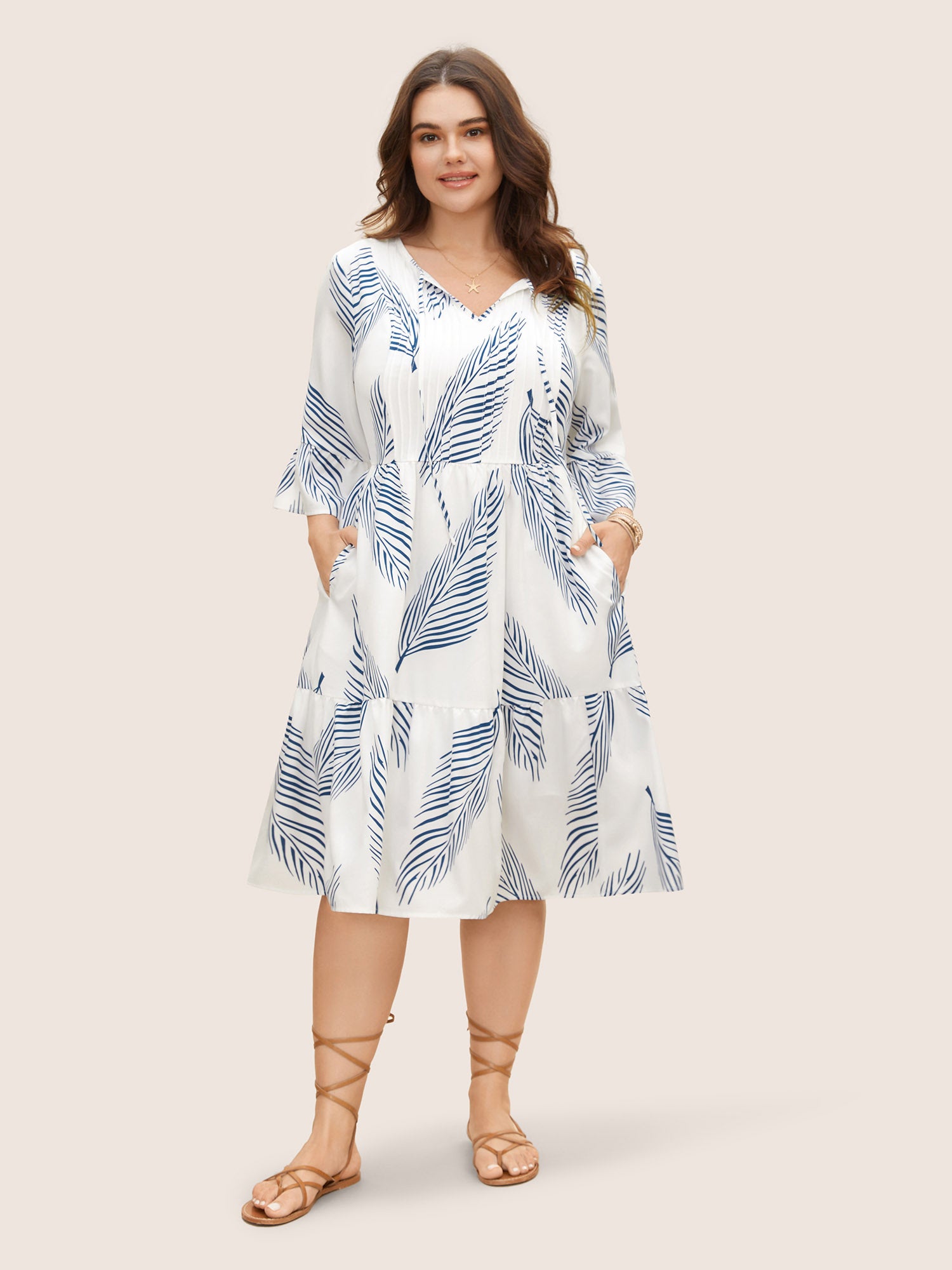 Tropical Print Tucked Seam Tie Knot Dress