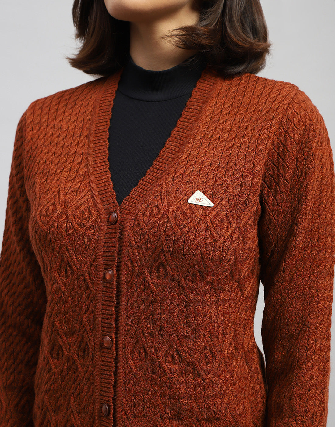 Women Brown Self Design V Neck Full Sleeve Cardigan