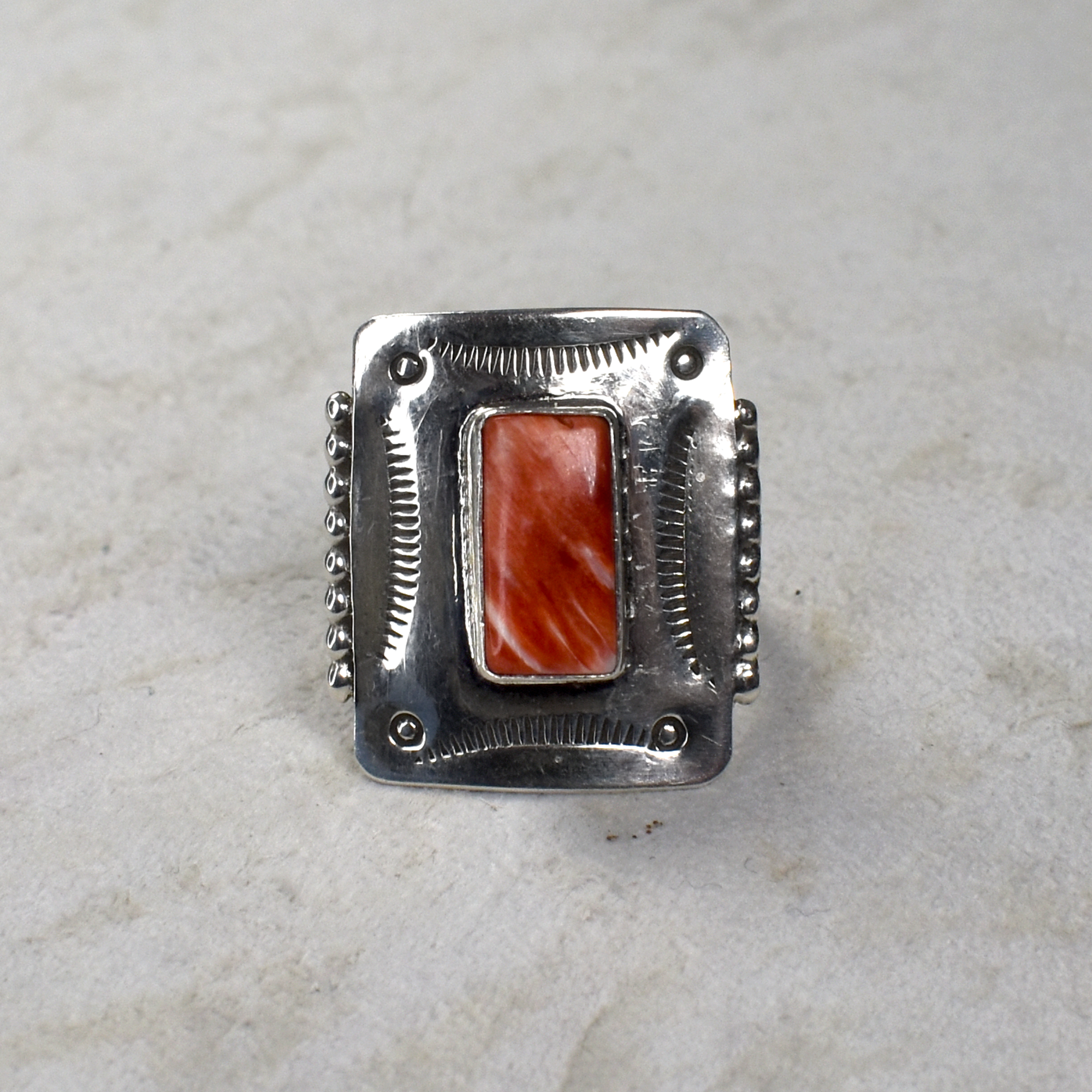 Stamped Rectangular Spiny Oyster Shield Ring