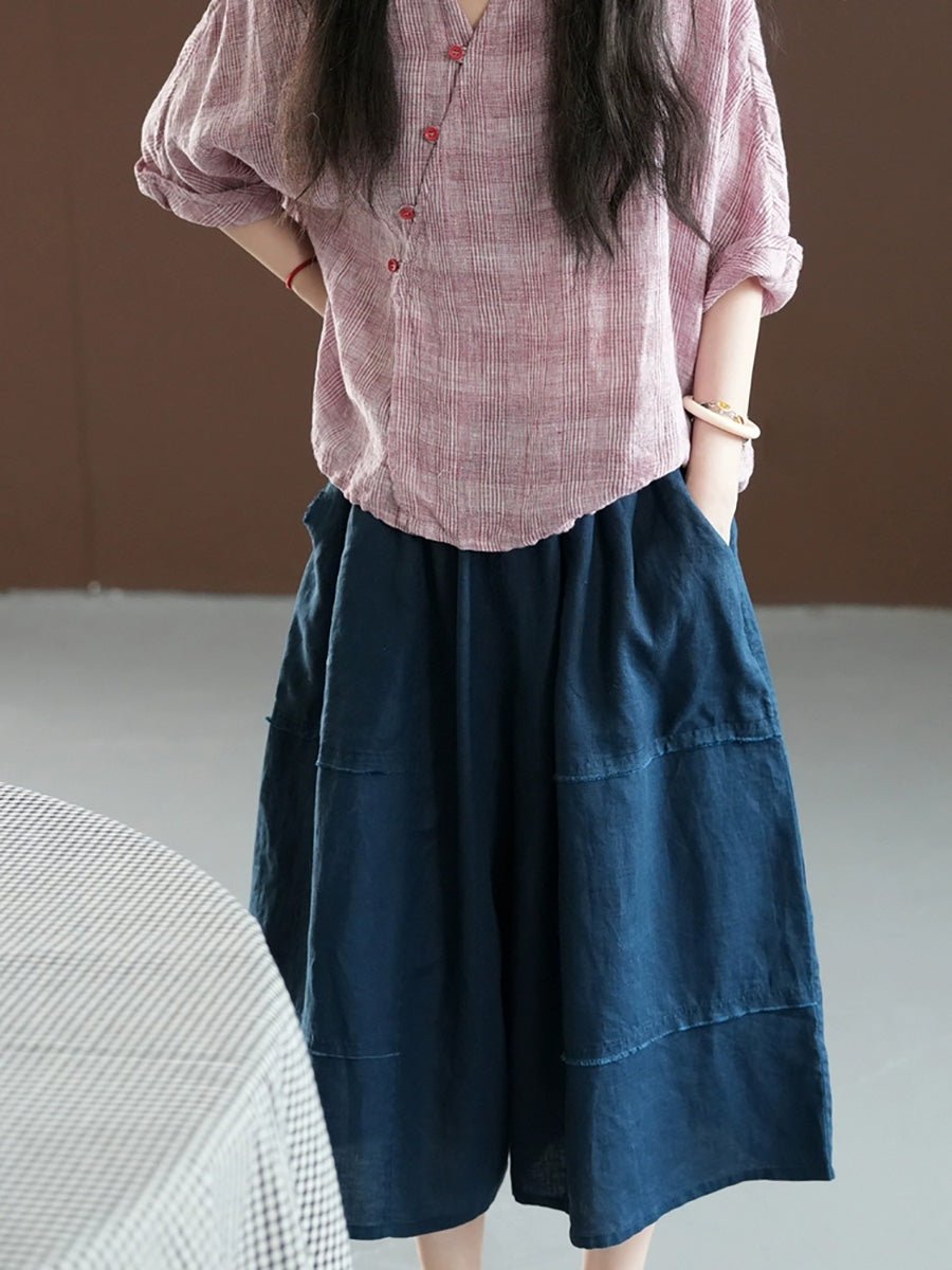 Women Summer Retro Plaid O-Neck 100%Linen Shirt