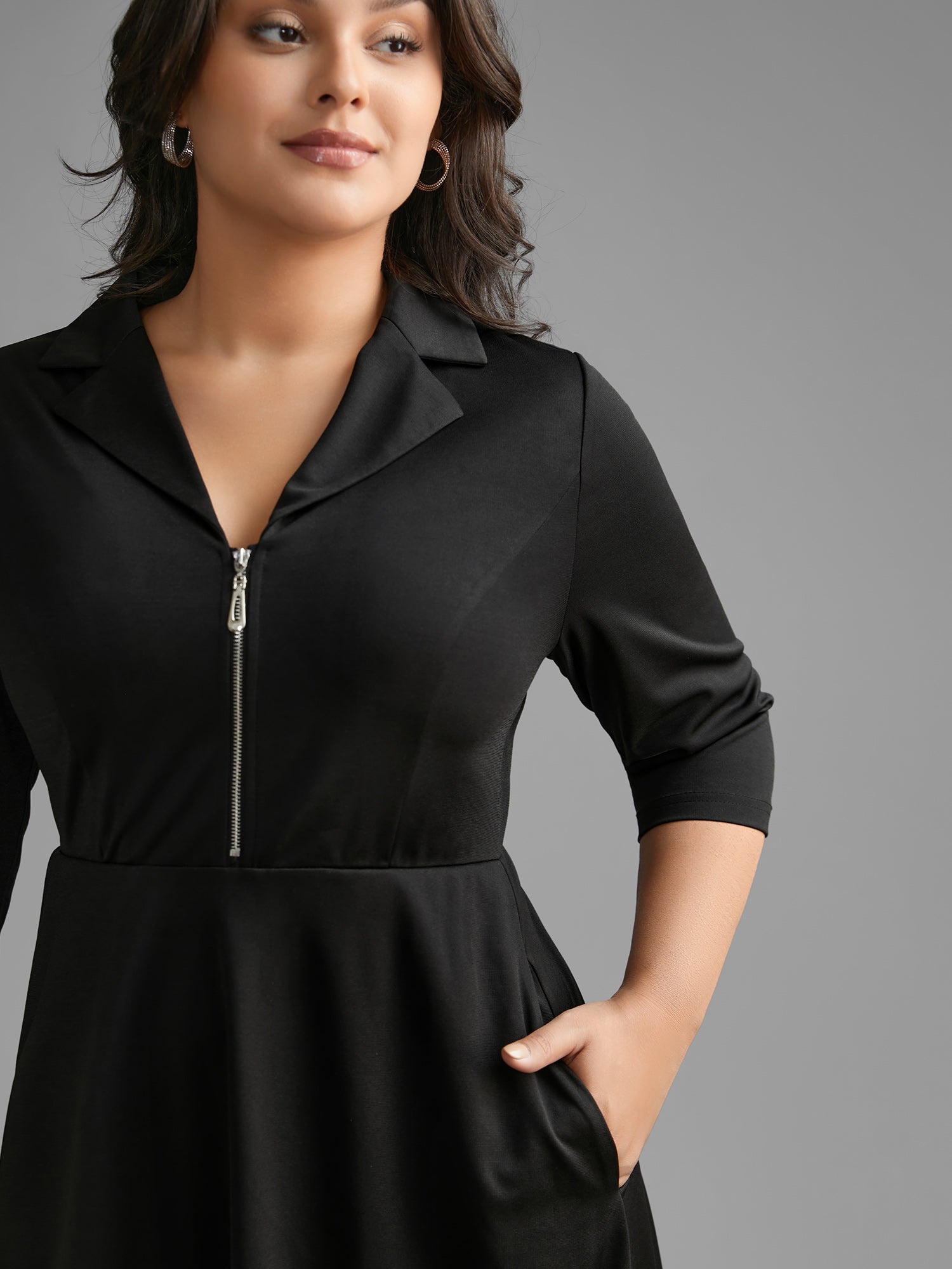 Suit Collar Half Zip Midi Dress