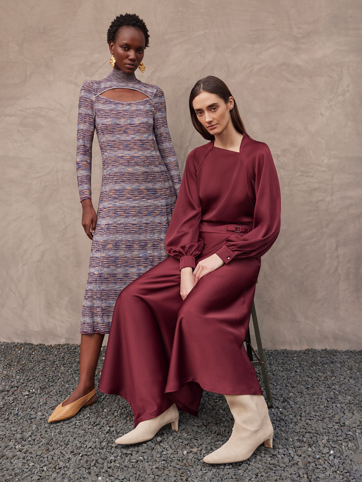 Modern Fit-and-Flare Melange Knit Cutout Midi Dress