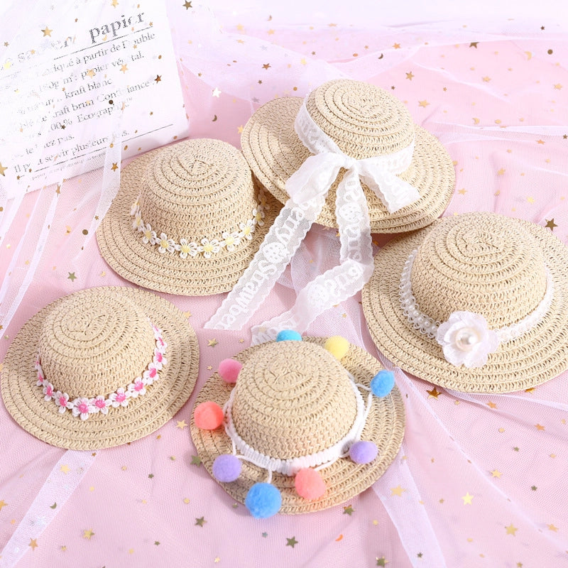 Pet Woven Adjustable Pearl Flower Lace Bow Daisy Ball Cat Dog Straw Hat