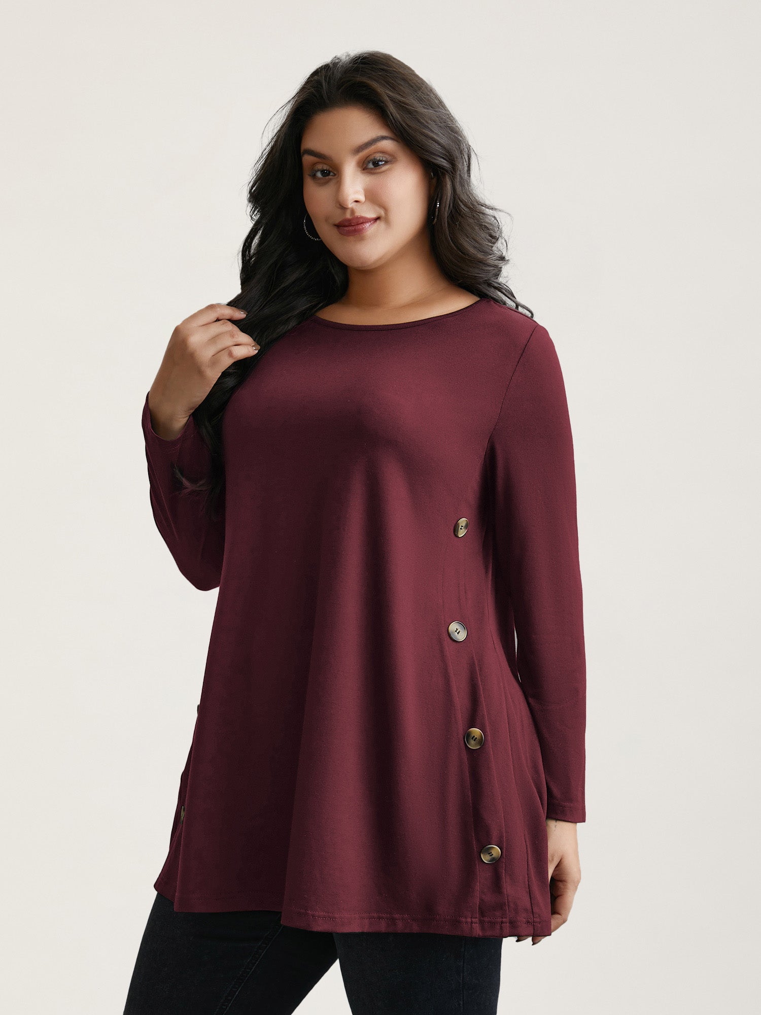 Round Neck Button Slim-Fit Knit Top