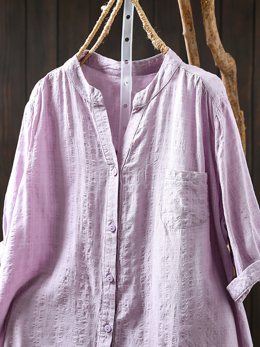 Women Summer Artsy Plaid V-Neck Cotton Shirt