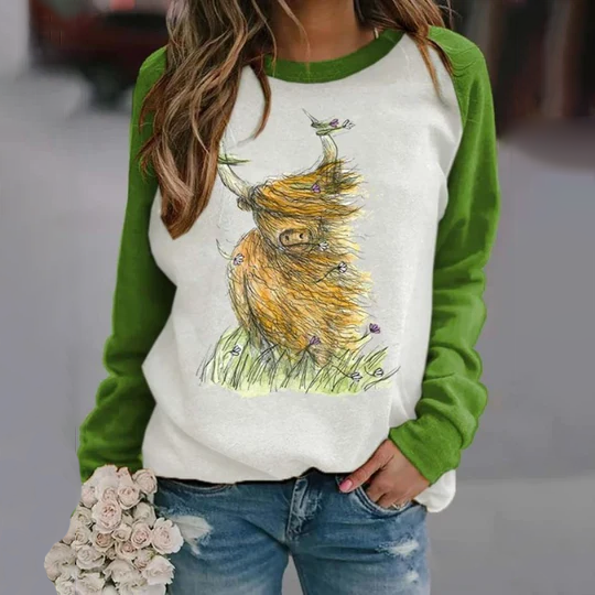 Women's Western Retro Highland Cow Green Print Casual Sweatshirt