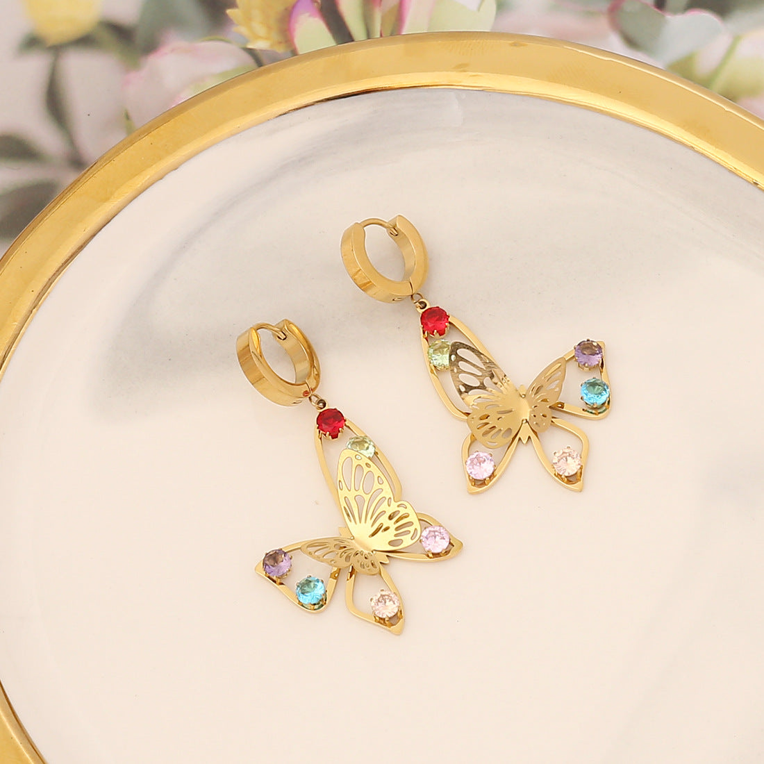 Women Bold Heart Butterfly Stainless Steel Electroplating Earrings