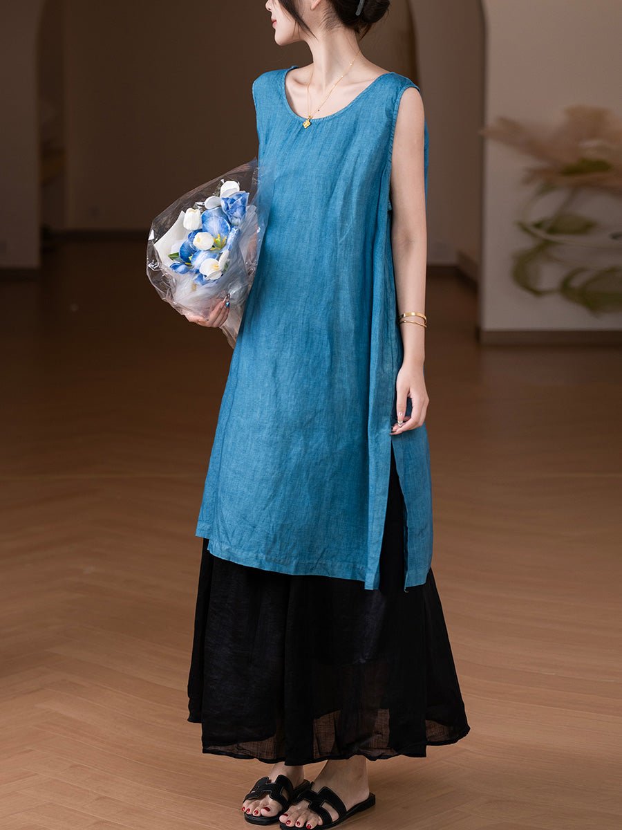 Women Summer Pure Color O-Neck 100%Hemp Long Vest