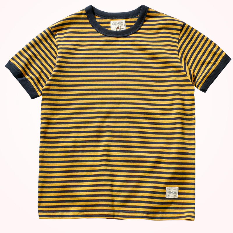 Vintage Double Yarn Pure Cotton Round Neck Striped Short-Sleeved T-Shirt