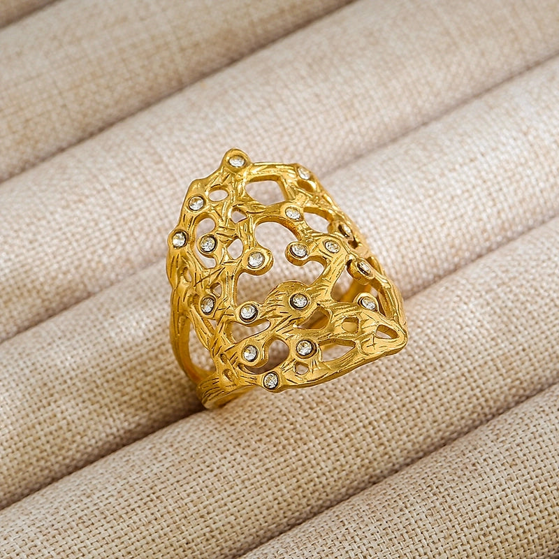 Rock Oversized Leaves Eye Flower 304 Stainless Steel Gem 18K Gold Plated Inlay Open Rings