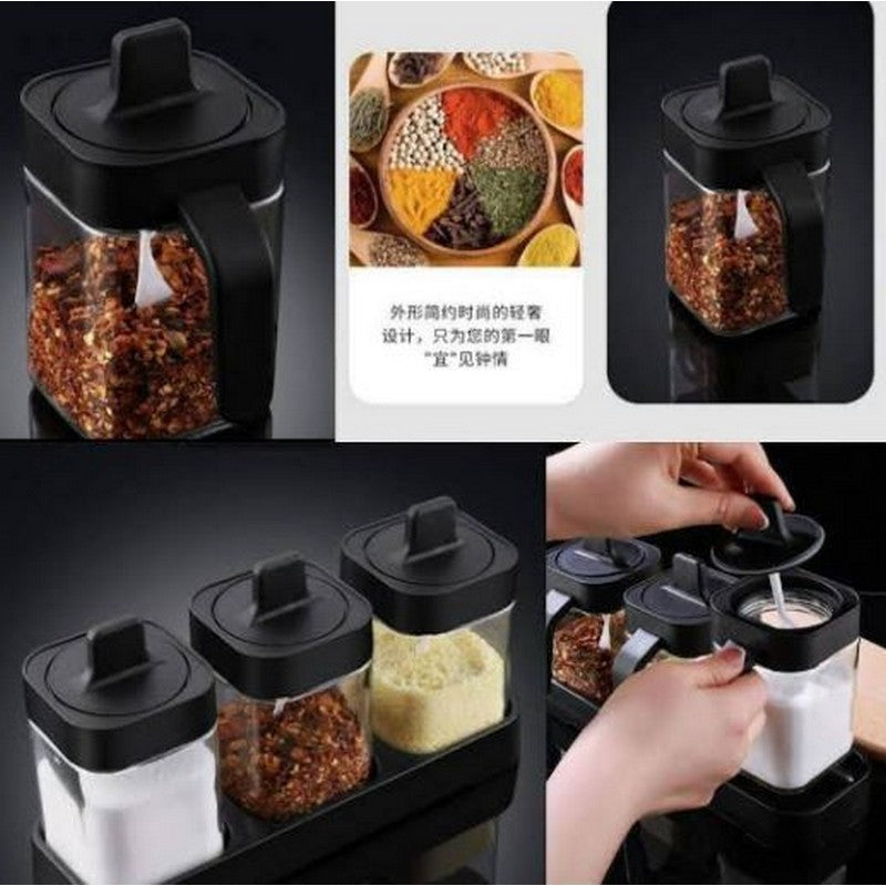 3 Pcs Spice Jar With Spoon - Spice Jar Seasoning Box (Black)