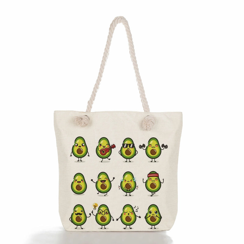Women's Medium Linen Fruit Cute Classic Style Square Zipper Tote Bag Beach Bag