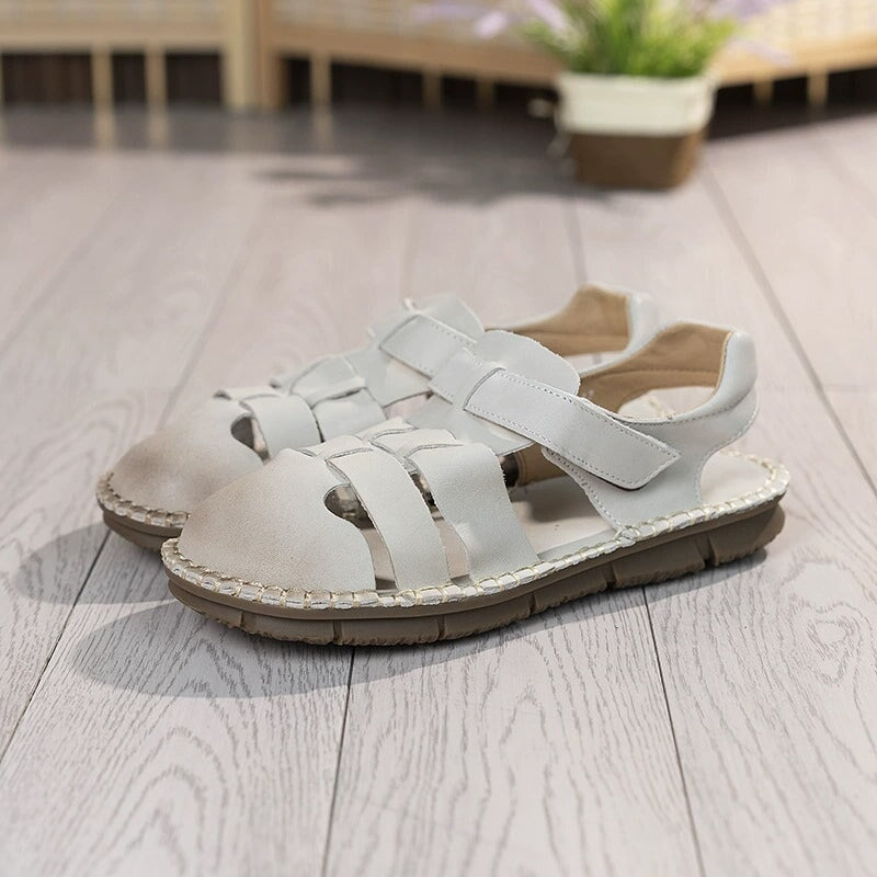 Genuine Leather Gladiator Sandals Summer Breathable Velcro Flat Shoes in Beige/Khaki/Coffee