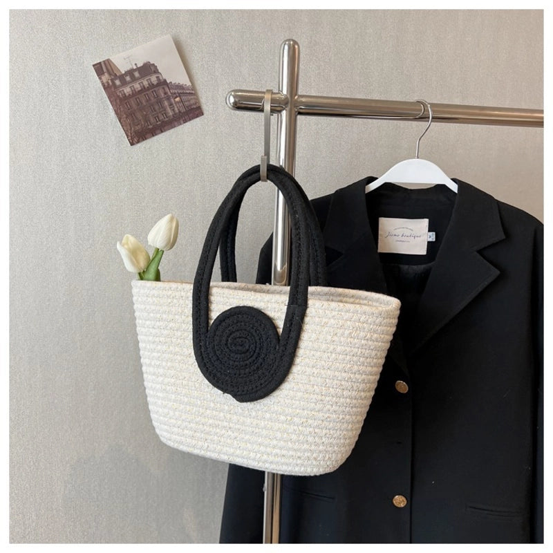 Women's Cotton Thread Splicing Vacation Weave Bucket Open Handbag