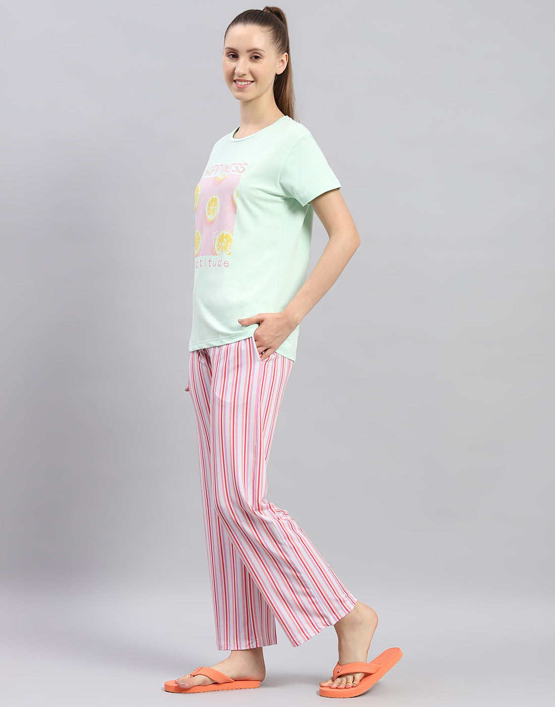Women Green Printed Round Neck Half Sleeve Lower Set