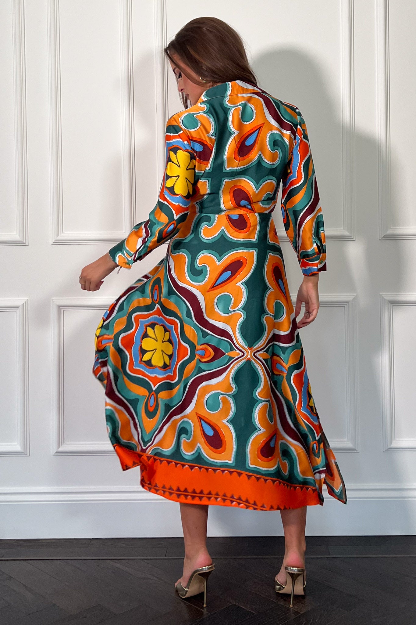 Isabella Orange Boarder Print Tie Front Shirt Dress