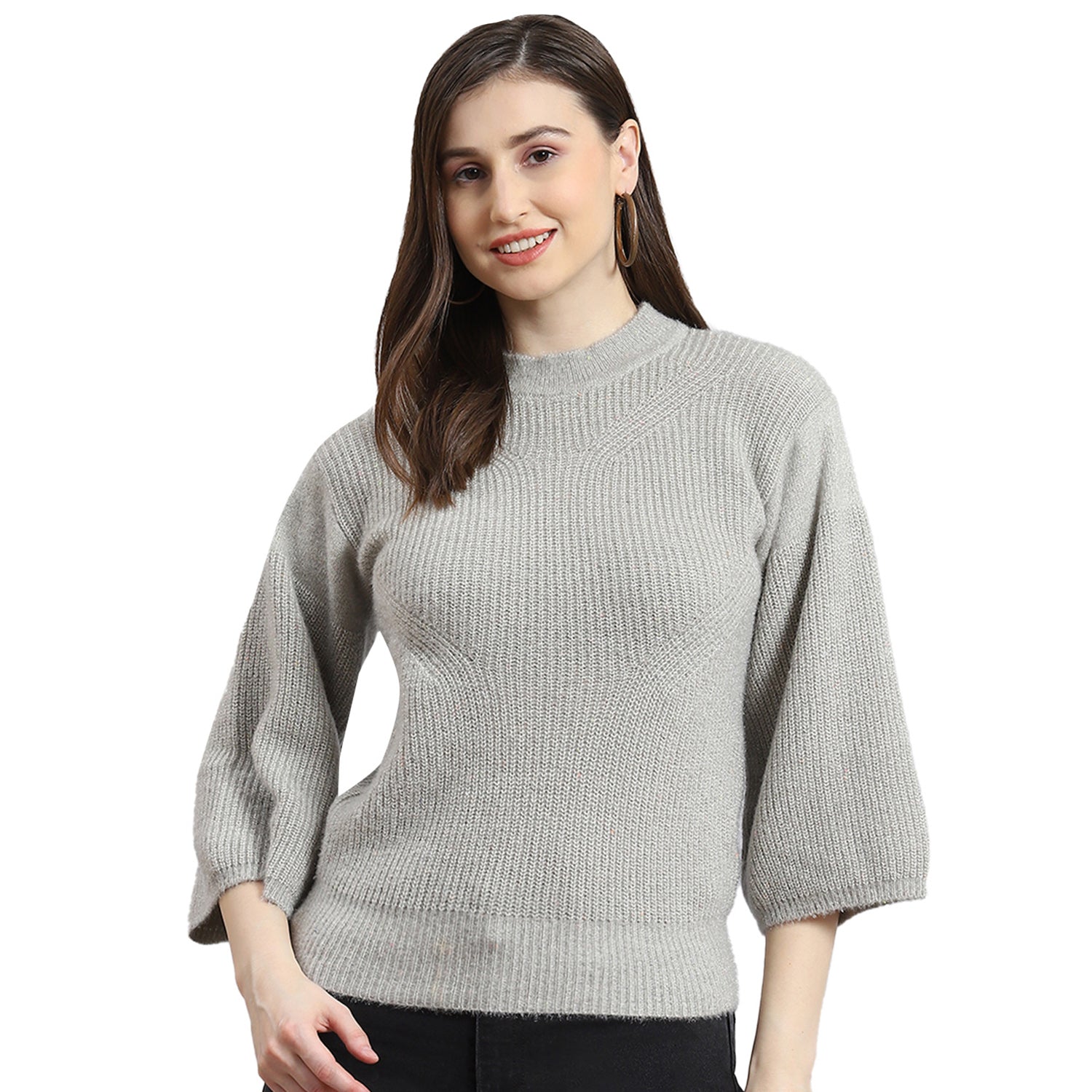 Women Grey Self Design Round Neck 3/4th Sleeve Sweater