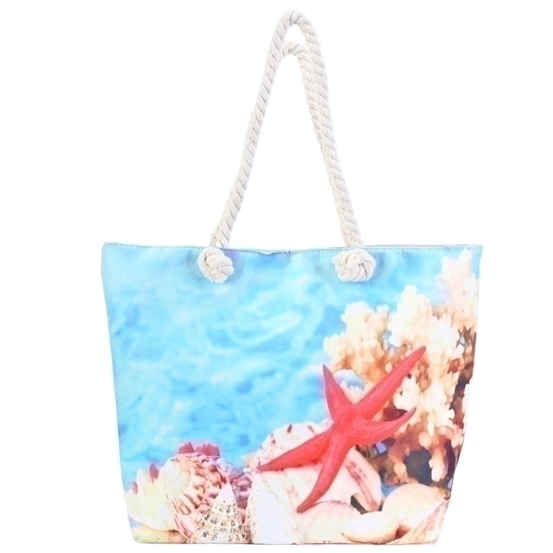 Women's Large Canvas Color Block Vacation Beach Square Zipper Shoulder Bag Tote Bag