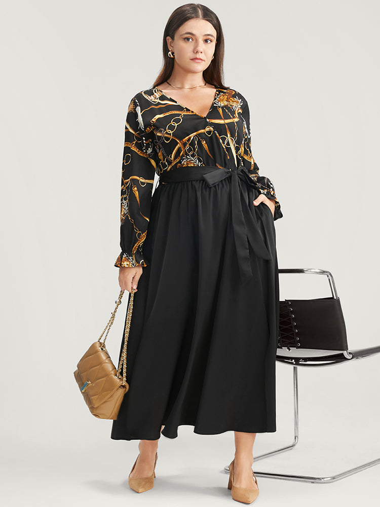 Chain Print V Neck Pocket Lantern Sleeve Belted Split Dress