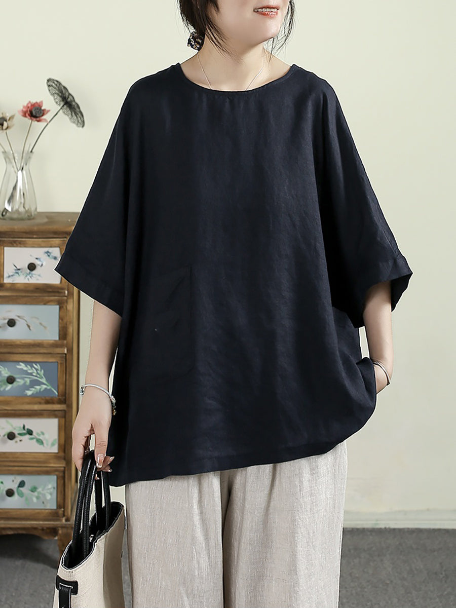Women Summer Vintage Pure Color O-neck 100%Linen Shirt