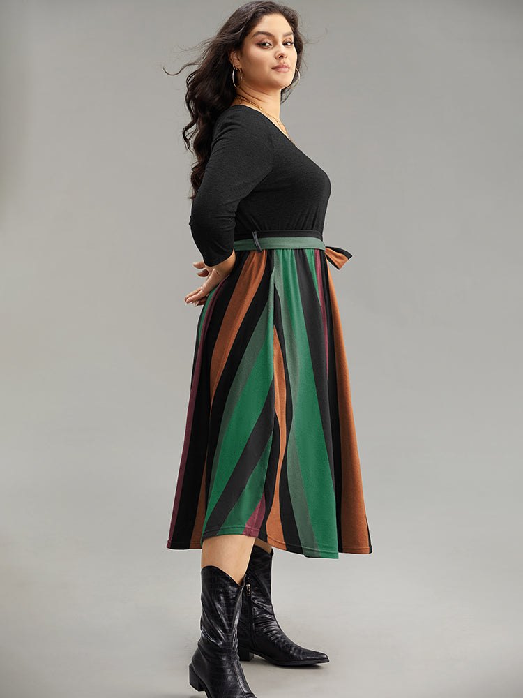 Striped Contrast Patchwork Belted Dress