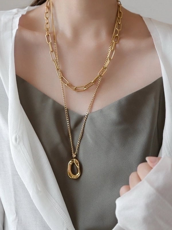 Minimalist Oval Solid Color Titanium Steel Plating Double Layer Necklaces 1 Piece