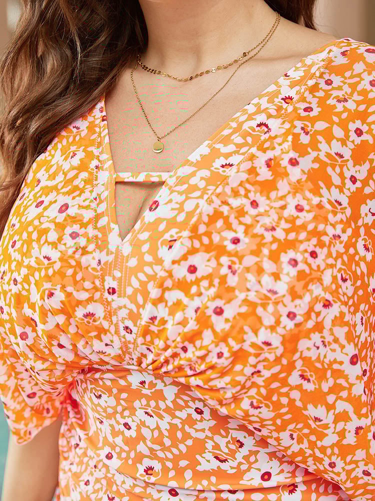 Floral Dolman Sleeve Knot Back One Piece Swimsuit