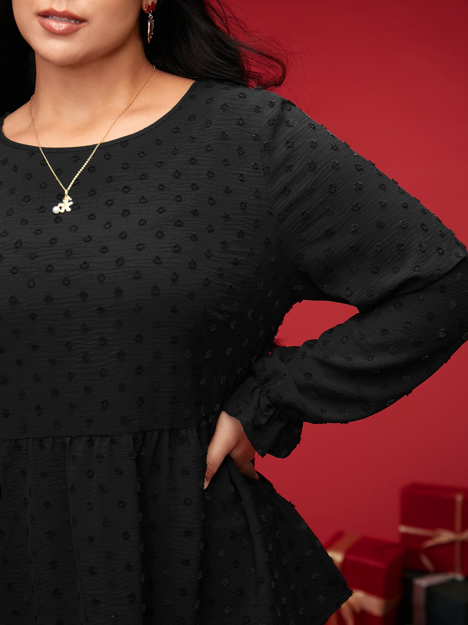 Textured Dot Elastic Cuffs A-line Blouse