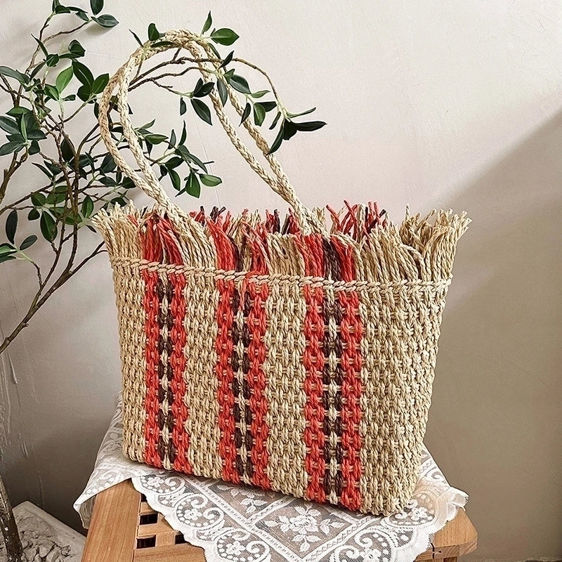 Women's Medium Straw Stripe Vacation Square Open Straw Bag