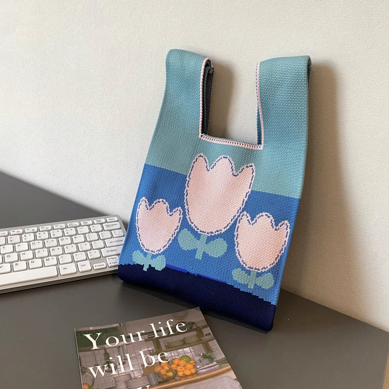 Women's Polyester Printing Color Block Cute Square Open Handbag