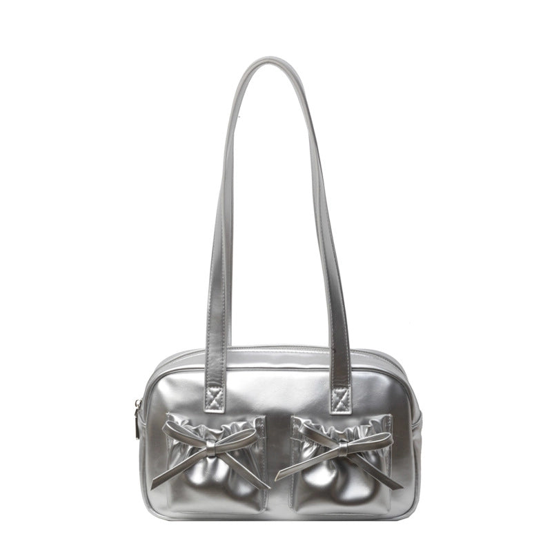 Women's Large Pu Leather Solid Color Bow Knot Streetwear Square Zipper Shoulder Bag