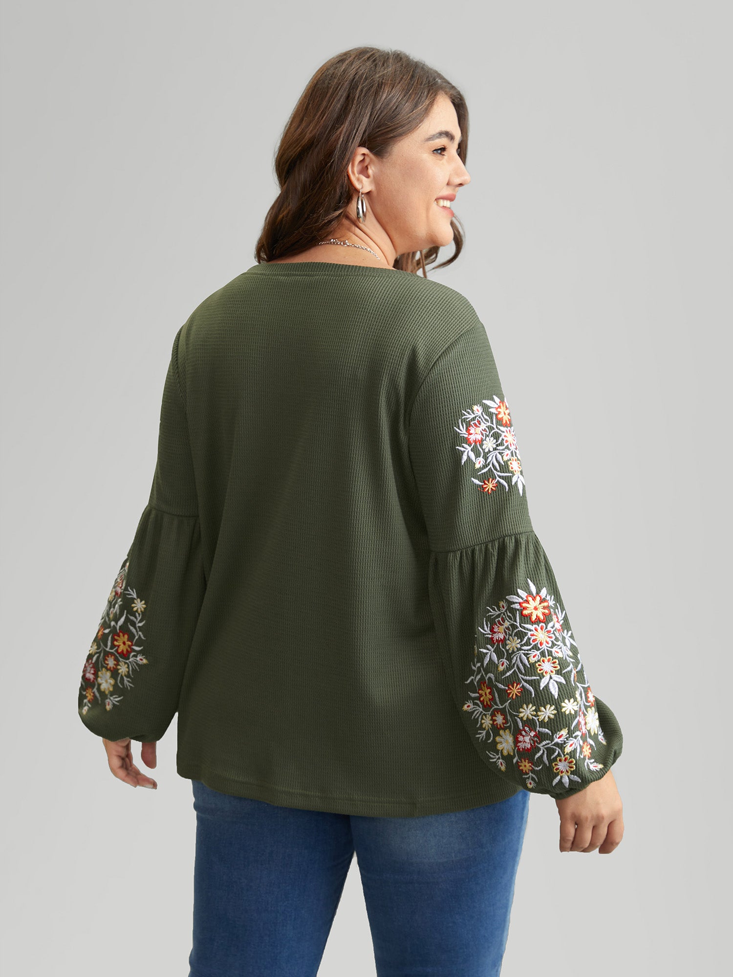 Waffle Knit Floral Embroidered Lantern Sleeve T-shirt