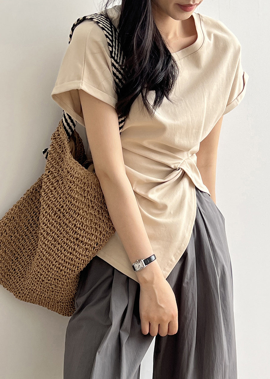 Chic Apricot O Neck Asymmetrical Design Cotton T Shirt Summer