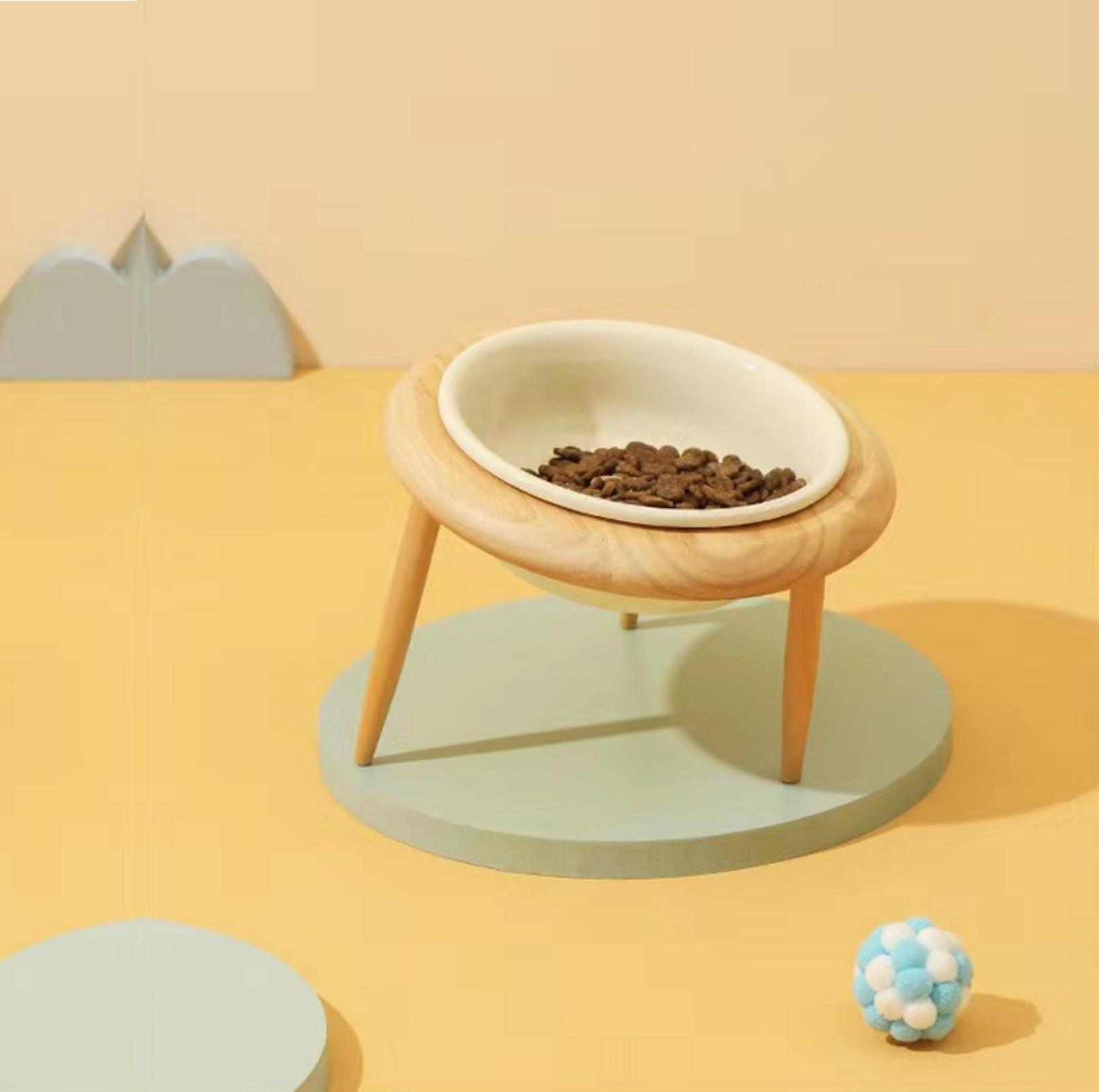 Ceramic Height Adjustable Pet Bowl with Wooden Stand | Small Dog and Cat Bowls