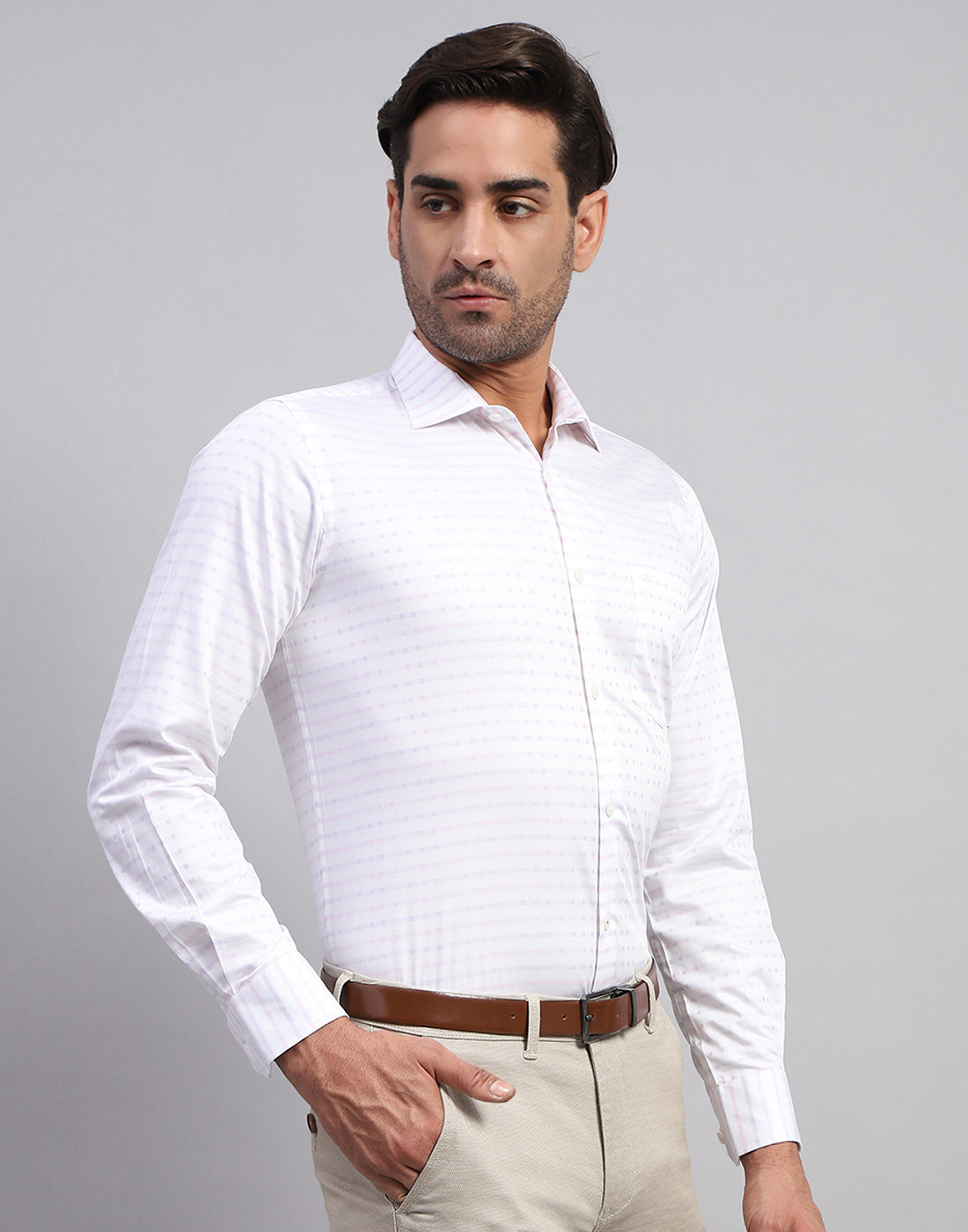 Men White Self Design Collar Full Sleeve Shirt