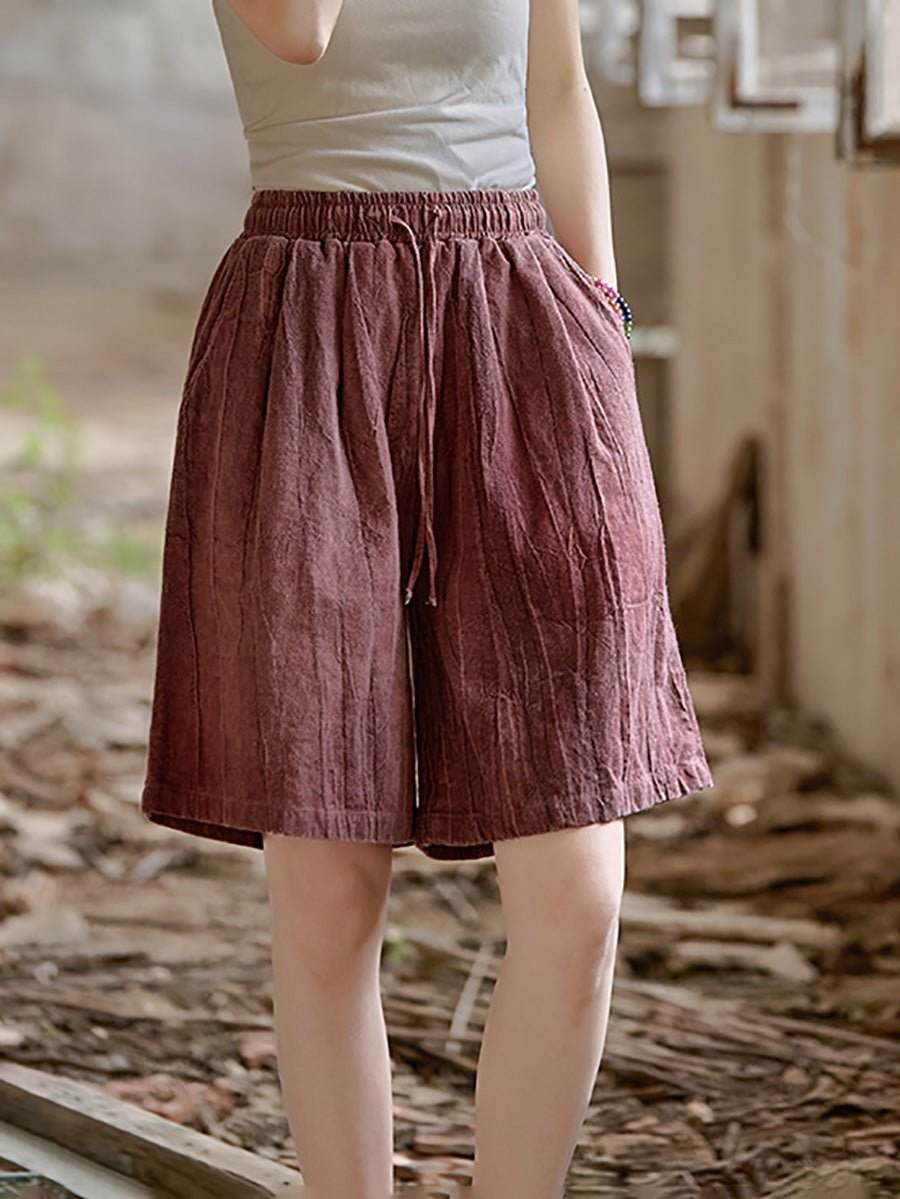 Women Summer Retro Pure Color Ramie Fifth Pants