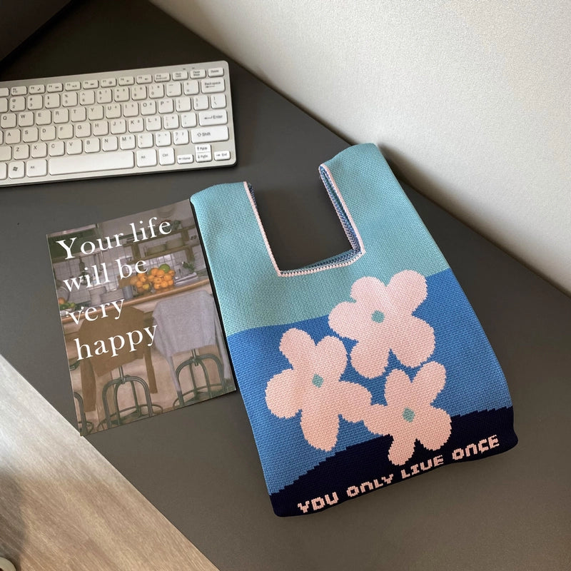 Women's Polyester Printing Color Block Cute Square Open Handbag